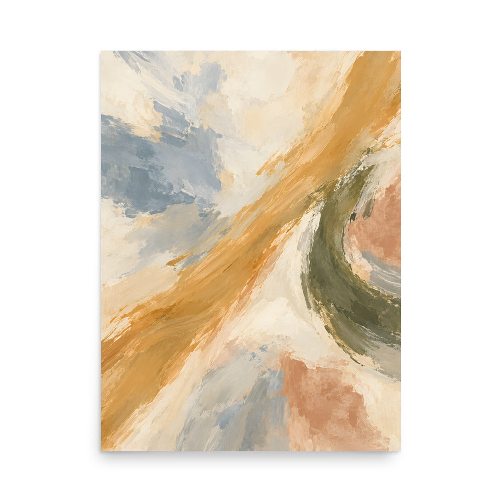Ochre Drift matte poster, 18 × 24 inches, depicting gestural strokes in golden ochre, dusty blue and olive.