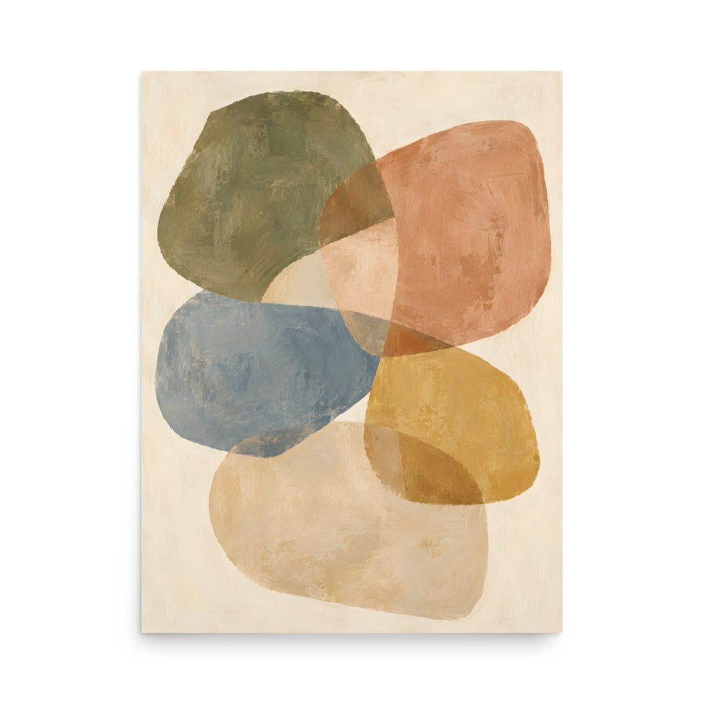 Gathered Earth matte poster, 18 × 24 inches, depicting overlapping organic forms in olive, clay and creamy neutrals.