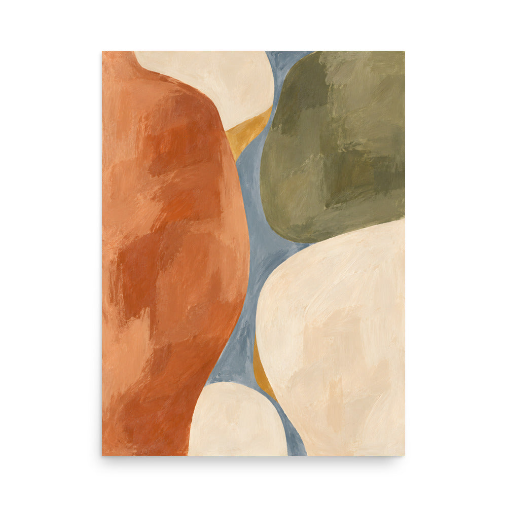 Clay Sonata matte poster, 18 × 24 inches, depicting sculptural organic forms in warm clay, olive and dusty blue.
