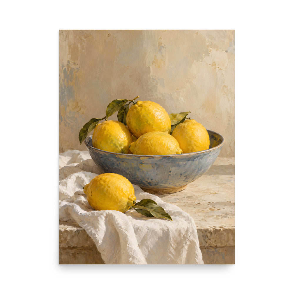 Mediterranean Lemons matte poster, 18 × 24 inches, showing yellow lemons in a blue ceramic bowl on ivory linen