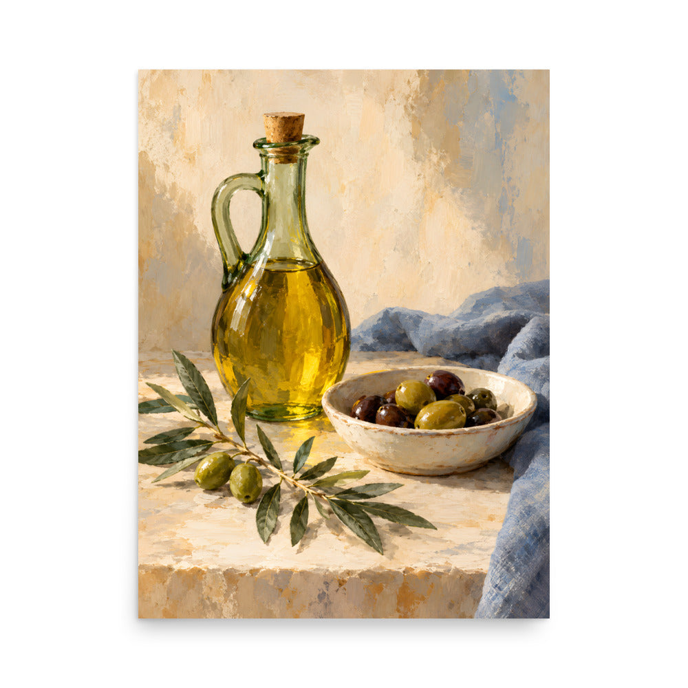 Olive Table matte poster, 18 × 24 inches, showing olive oil, green and dark olives and an olive branch