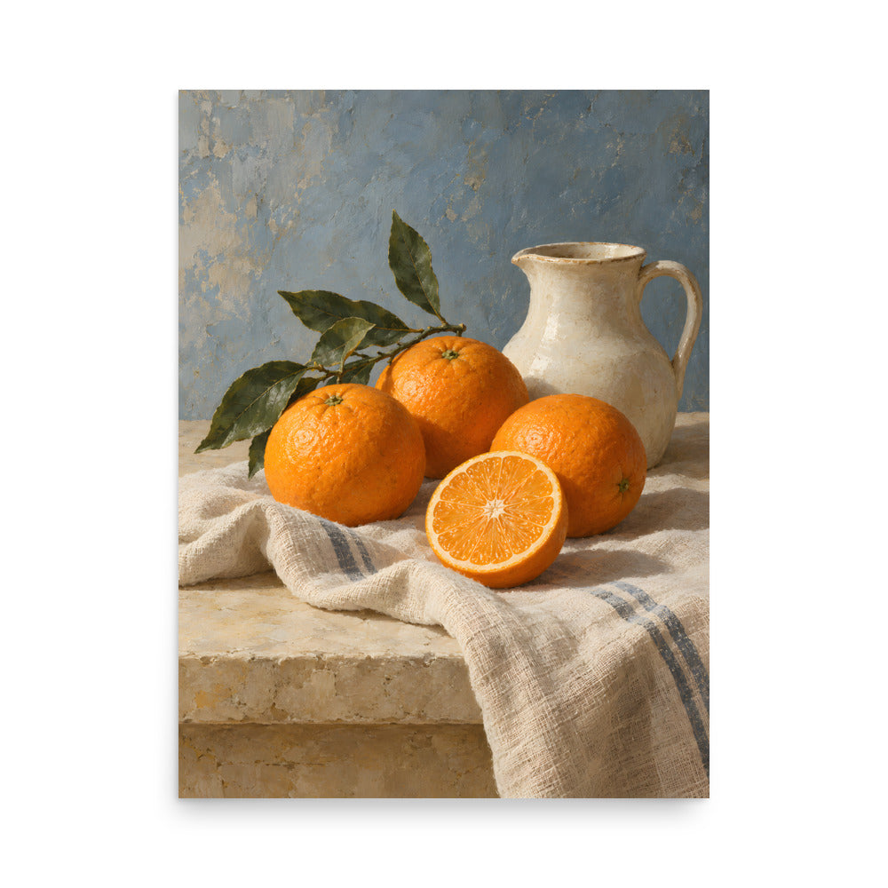 Citrus Table matte poster, 18 × 24 inches, showing ripe oranges, leafy branches and a cream ceramic pitcher