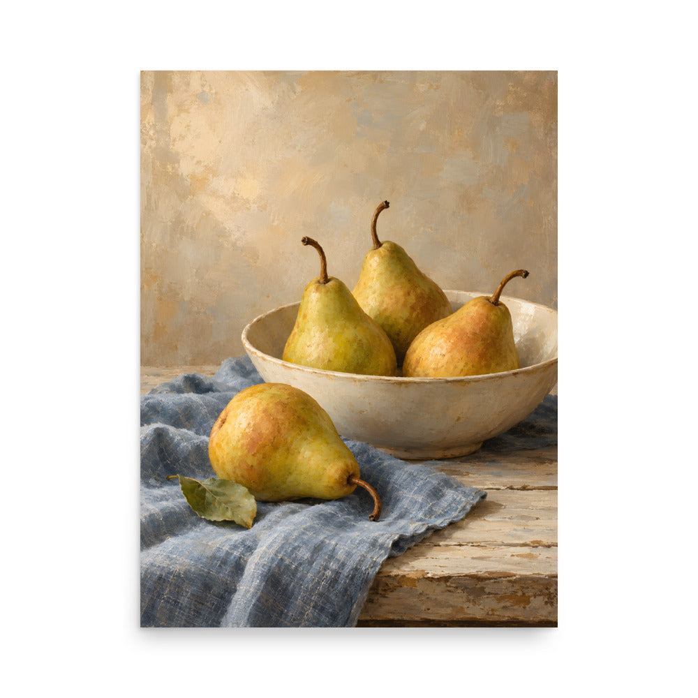 Golden Pears on Blue Linen matte poster, 18 × 24 inches, showing golden pears in a cream bowl on blue linen