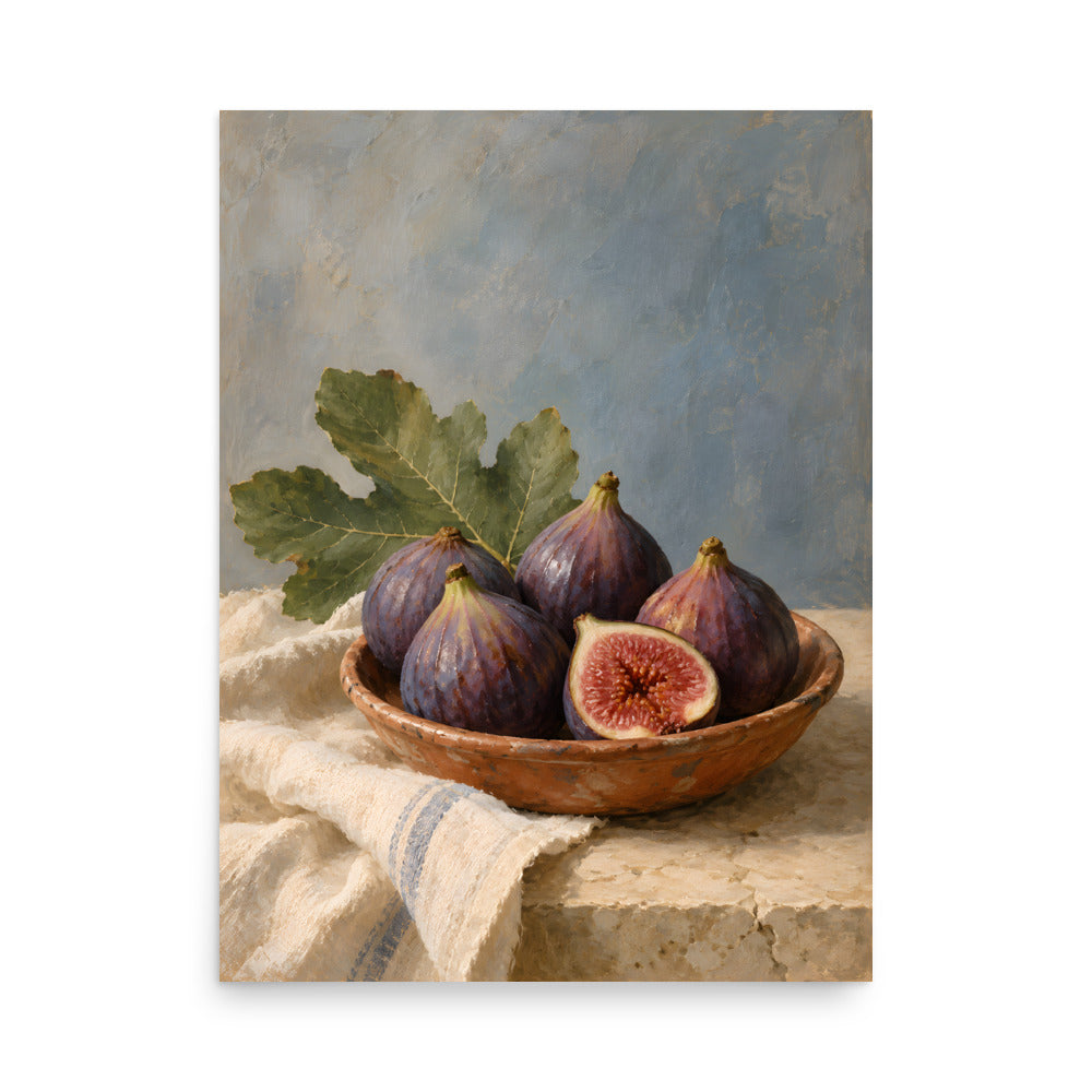 Terracotta Figs on Linen matte poster, 18 × 24 inches, showing purple figs in a terracotta bowl on ivory linen