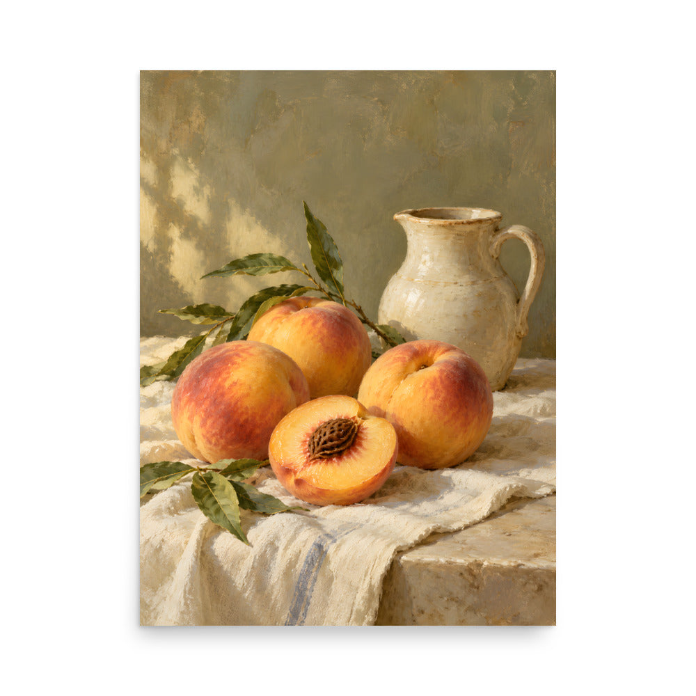 Golden Peaches & Cream matte poster, 18 × 24 inches, showing golden peaches and a cream ceramic pitcher