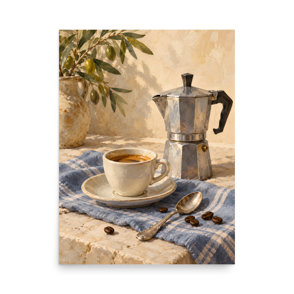Slow Espresso Morning matte poster, 18 × 24 inches, showing a moka pot, espresso cup and coffee beans on blue linen