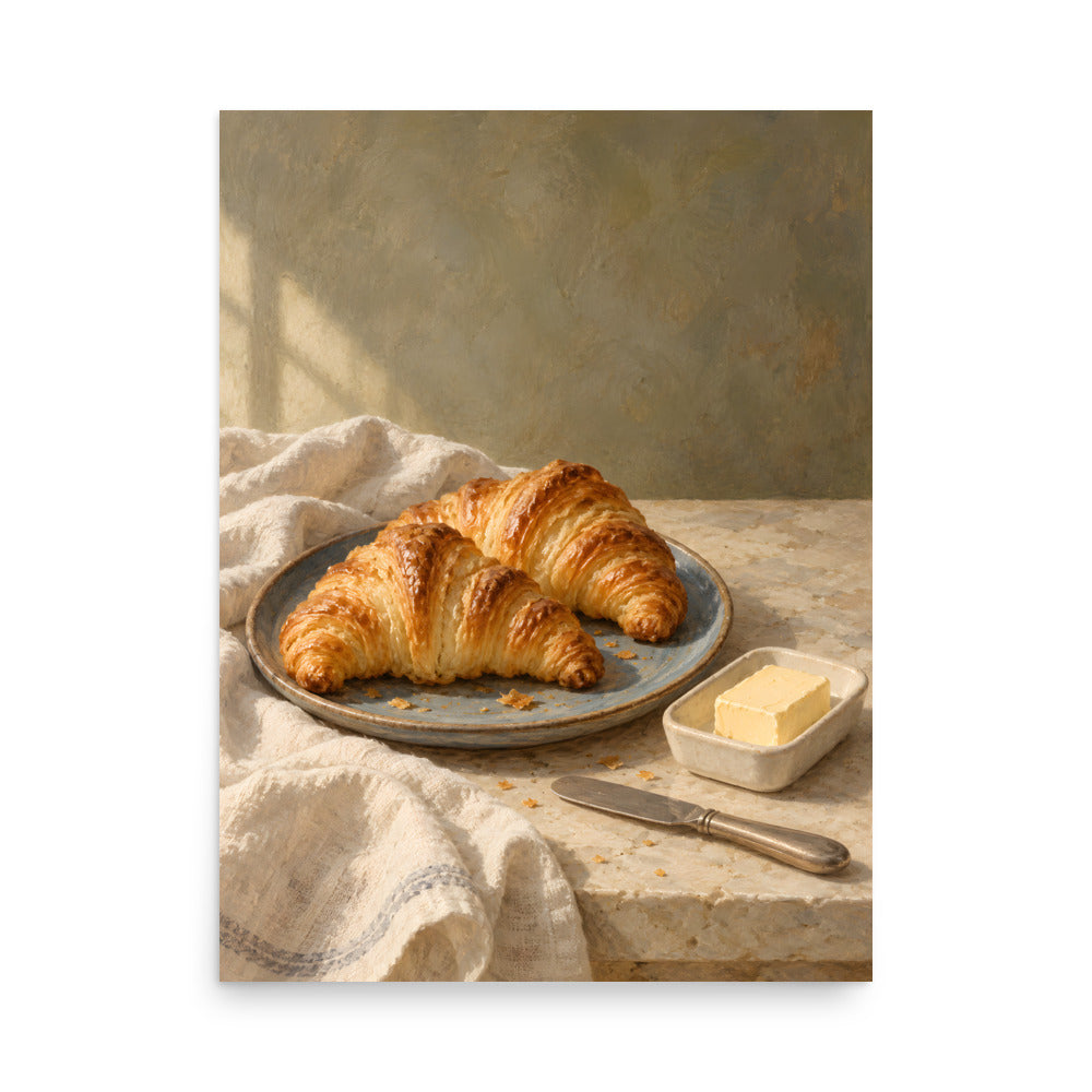 Golden Morning Croissants matte poster, 18 × 24 inches, showing golden croissants, butter and a blue ceramic plate
