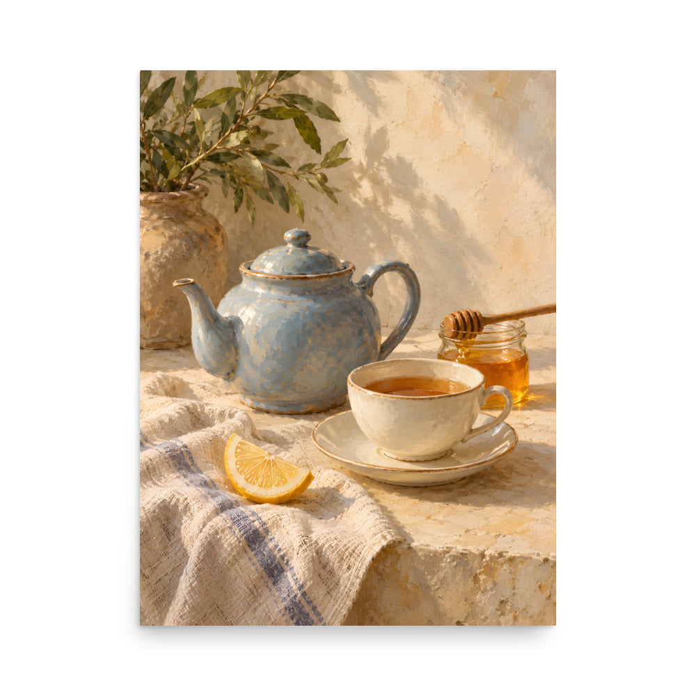 Honeyed Morning Tea matte poster, 18 × 24 inches, showing a blue teapot, cream teacup, honey and lemon
