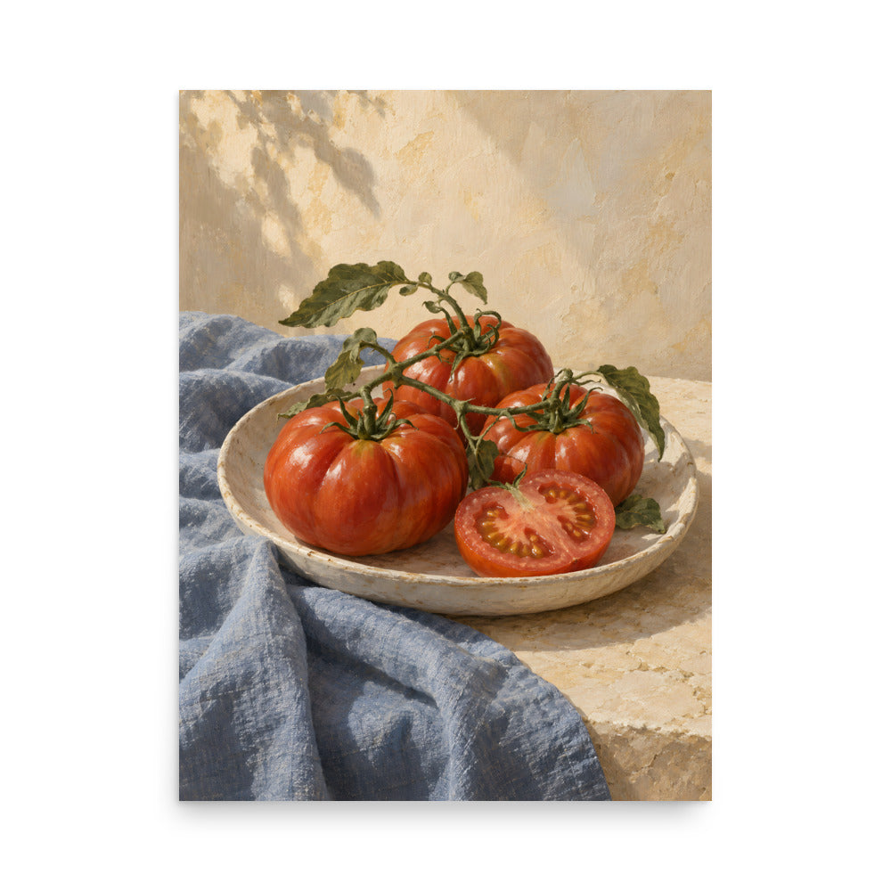 Heirloom Tomatoes on Blue Linen matte poster, 18 × 24 inches, showing red heirloom tomatoes and leafy vines on blue linen