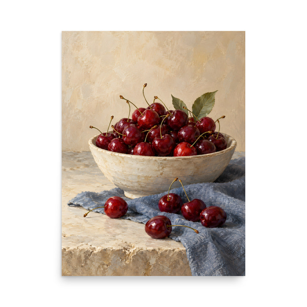 Cherries on Blue Linen matte poster, 18 × 24 inches, showing red cherries in a cream ceramic bowl on blue linen