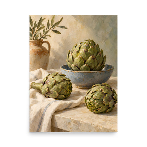 Artichokes on Linen matte poster, 18 × 24 inches, showing green artichokes with a blue ceramic bowl and ivory linen
