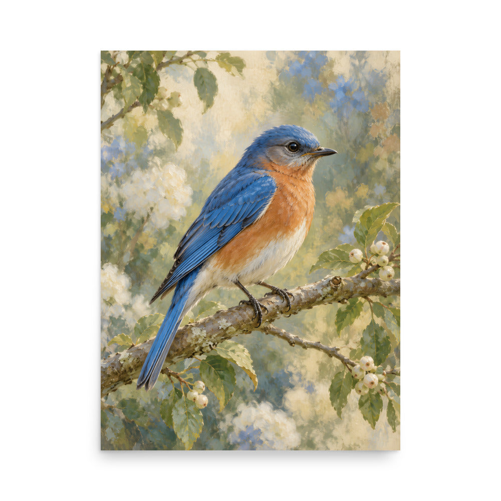 Bluebird on the Garden Branch matte poster, 18 × 24 inches, showing a bluebird perched on a garden branch