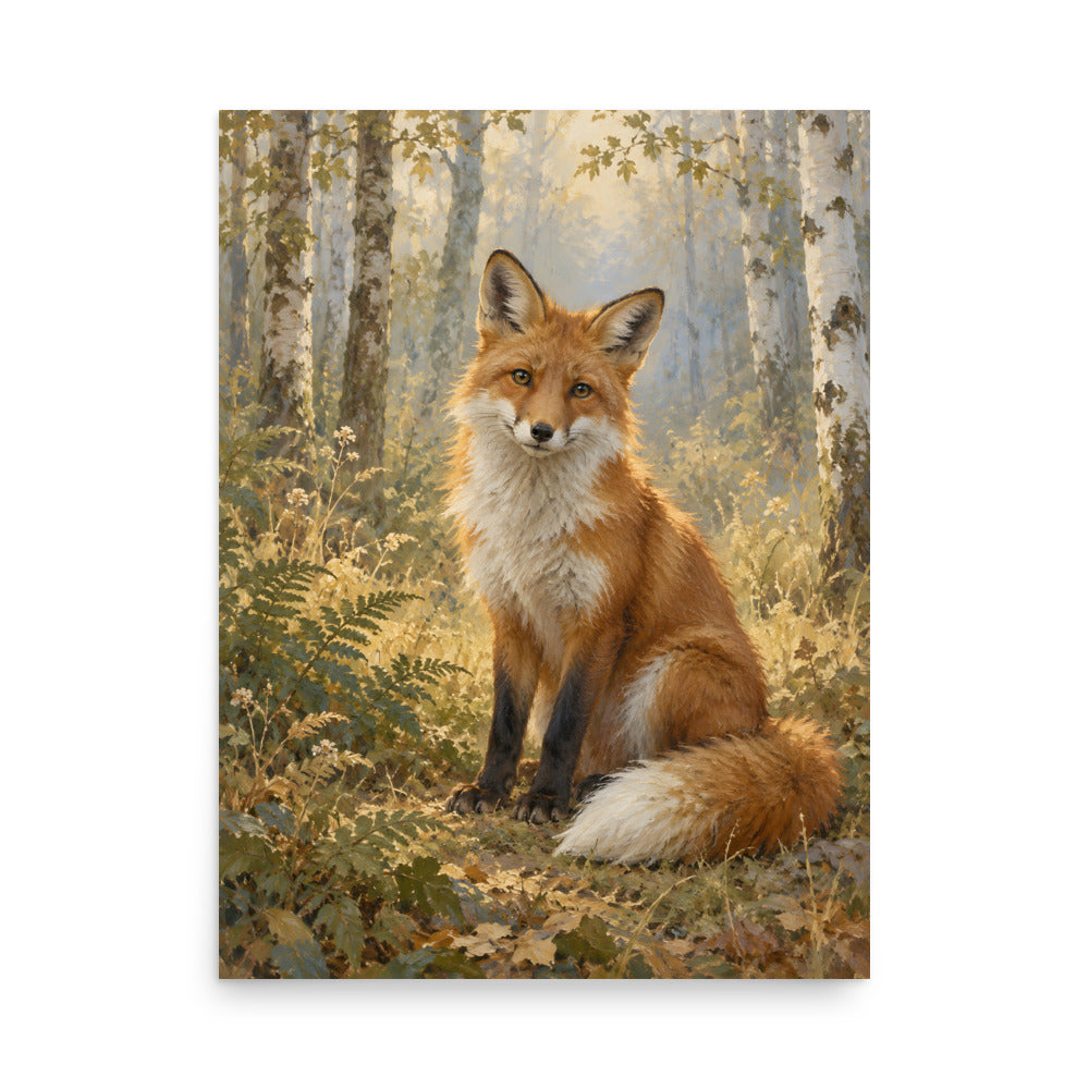 Fox in the Quiet Glade matte poster, 18 × 24 inches, showing a fox resting in a fern-filled glade