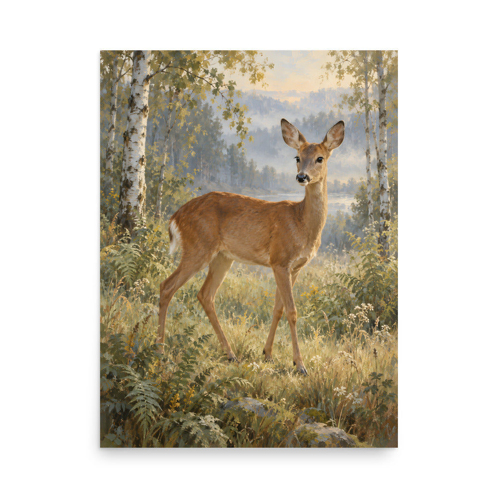 Doe in the Birchwood matte poster, 18 × 24 inches, showing a gentle doe among birch trees