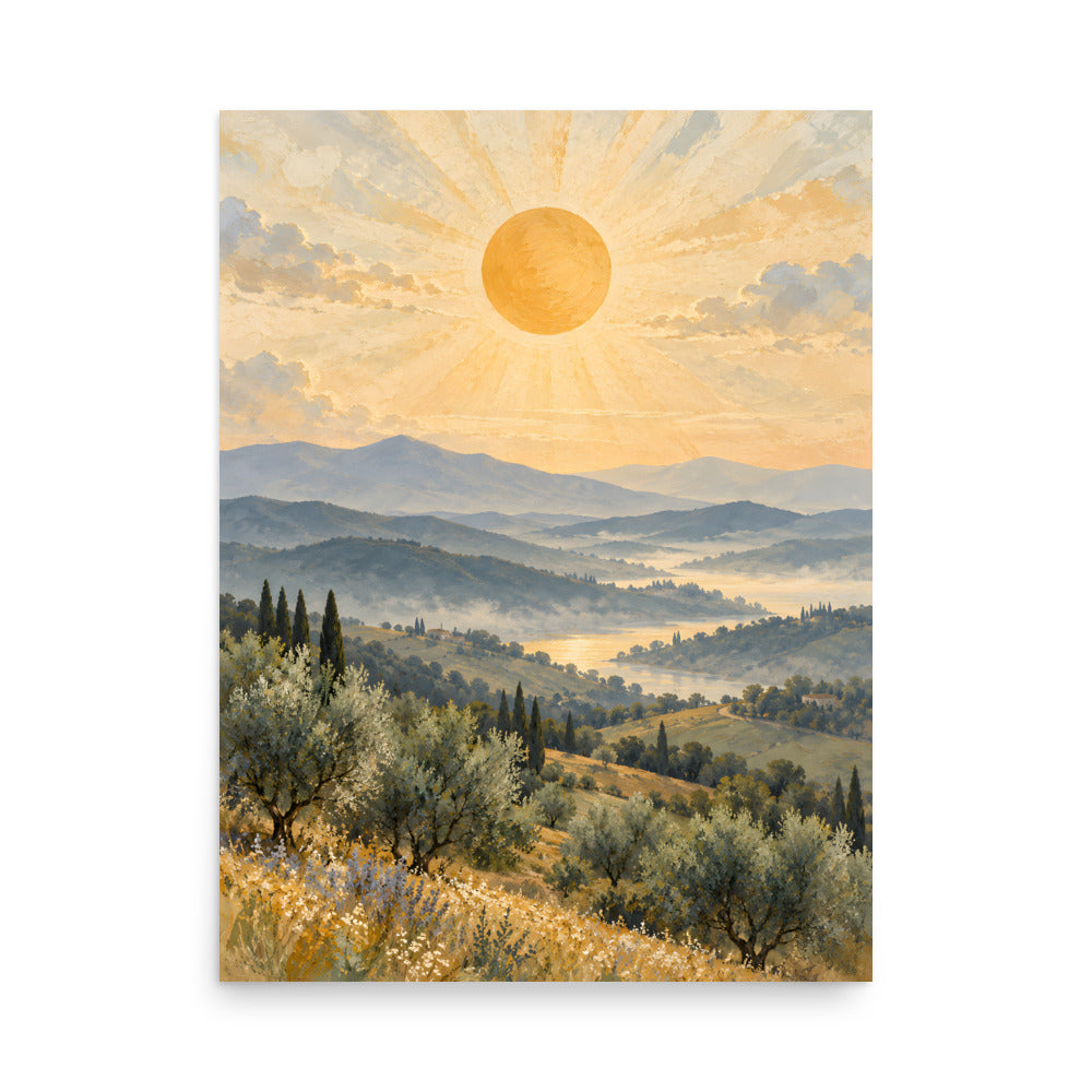 Ochre Sun Over Quiet Hills matte poster, 18 × 24 inches, featuring an ochre sun above rolling hills