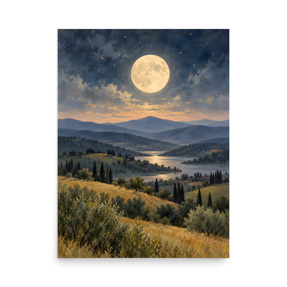 Ivory Moon Over Quiet Hills matte poster, 18 × 24 inches, featuring a full moon above quiet hills