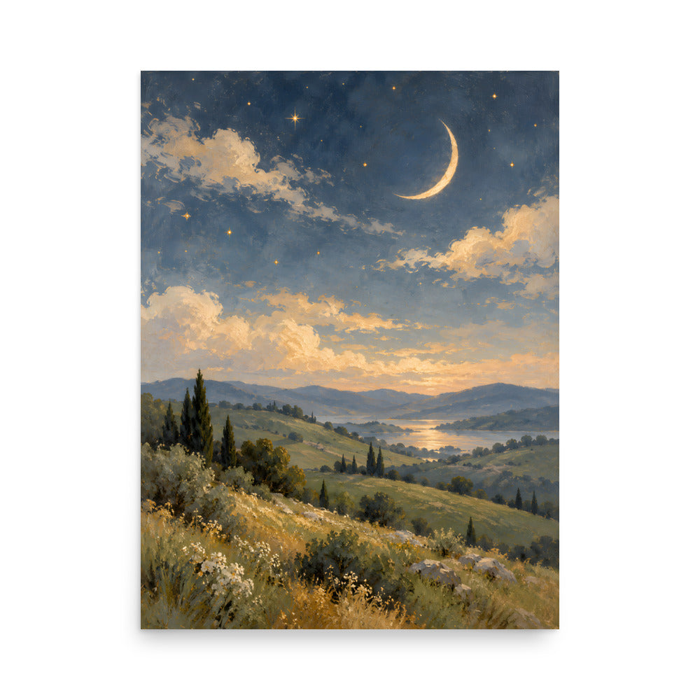 Ivory Crescent Over Sage Hills matte poster, 18 × 24 inches, featuring an ivory crescent above sage hills