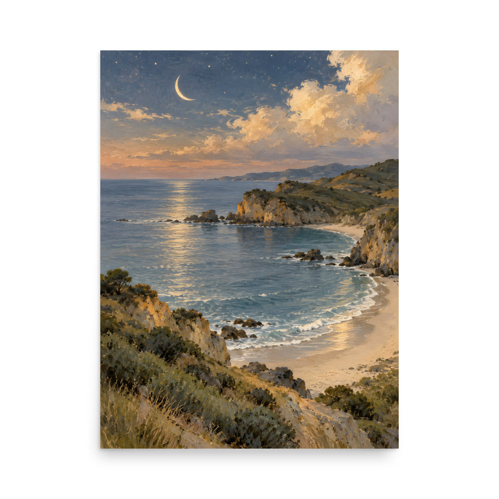 Crescent Moon Over the Quiet Bay matte poster, 18 × 24 inches, featuring a crescent above a coastal bay