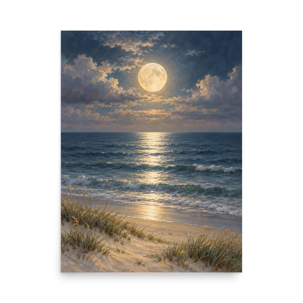 Moonlight Over the Quiet Sea matte poster, 18 × 24 inches, featuring moonlight over a peaceful sea