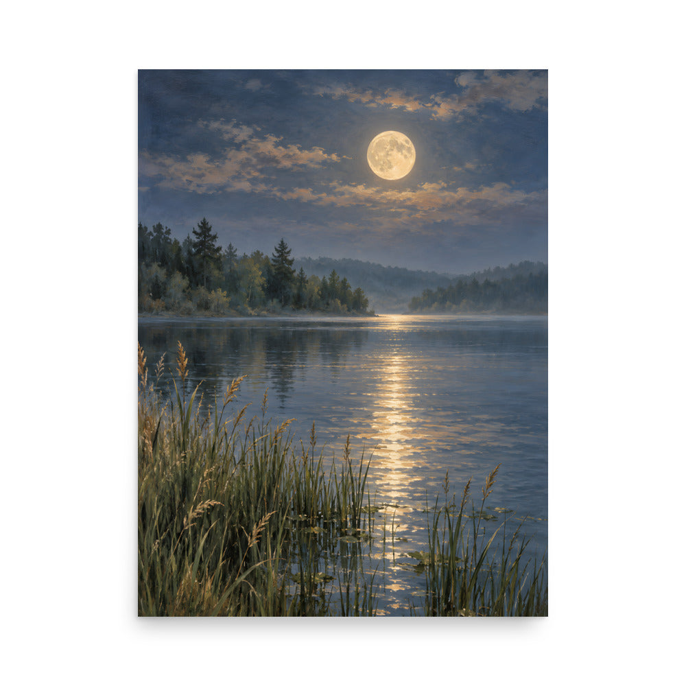 Broken Moonlight on the Still Lake matte poster, 18 × 24 inches, featuring moonlight reflected on a still lake