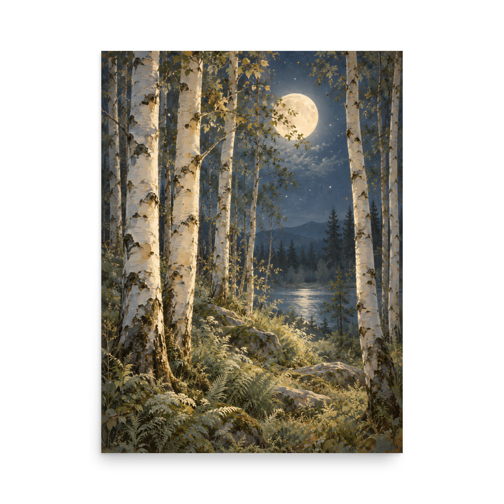 Ivory Moon Among the Birches matte poster, 18 × 24 inches, featuring an ivory moon among pale birches