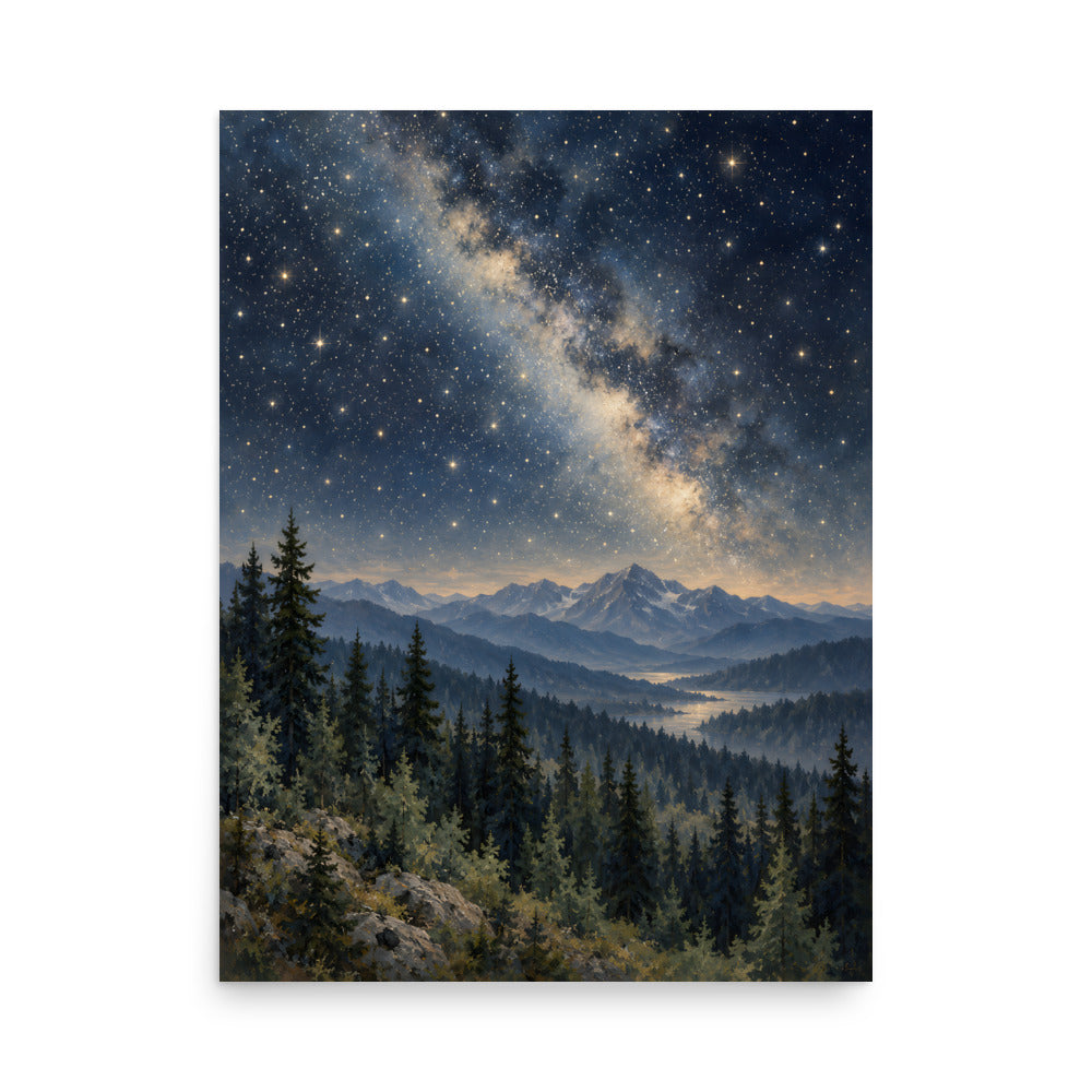 Starlight Over the Pine Valley matte poster, 18 × 24 inches, featuring a star-filled sky over pine forests