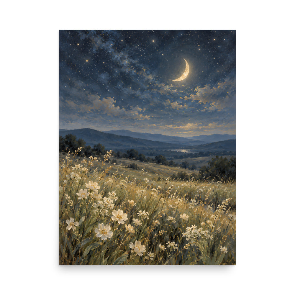 Starry Meadow Beneath a Golden Crescent matte poster, 18 × 24 inches, featuring a crescent above a wildflower meadow