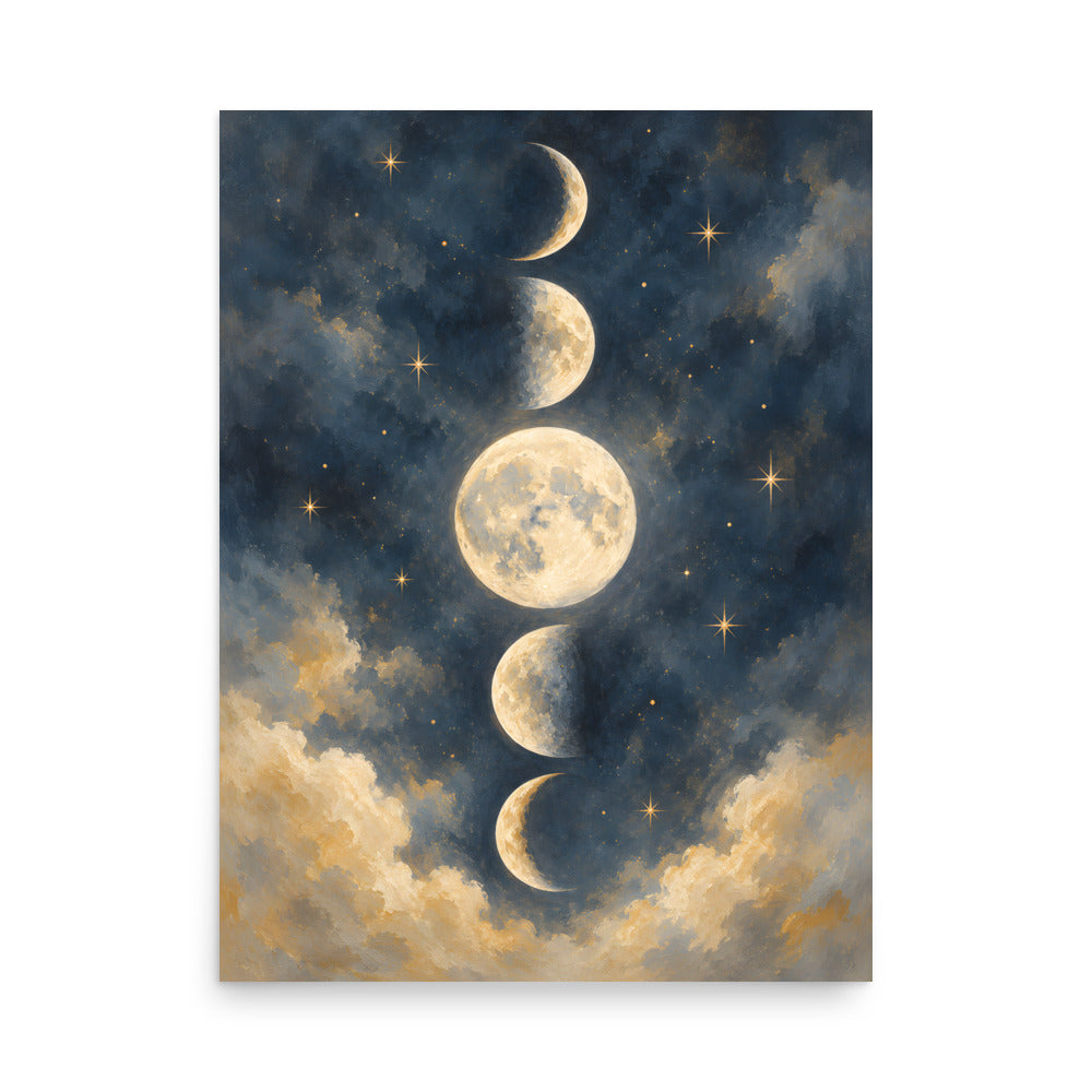 Moon Phases in Quiet Twilight matte poster, 18 × 24 inches, featuring decorative moon phases in twilight