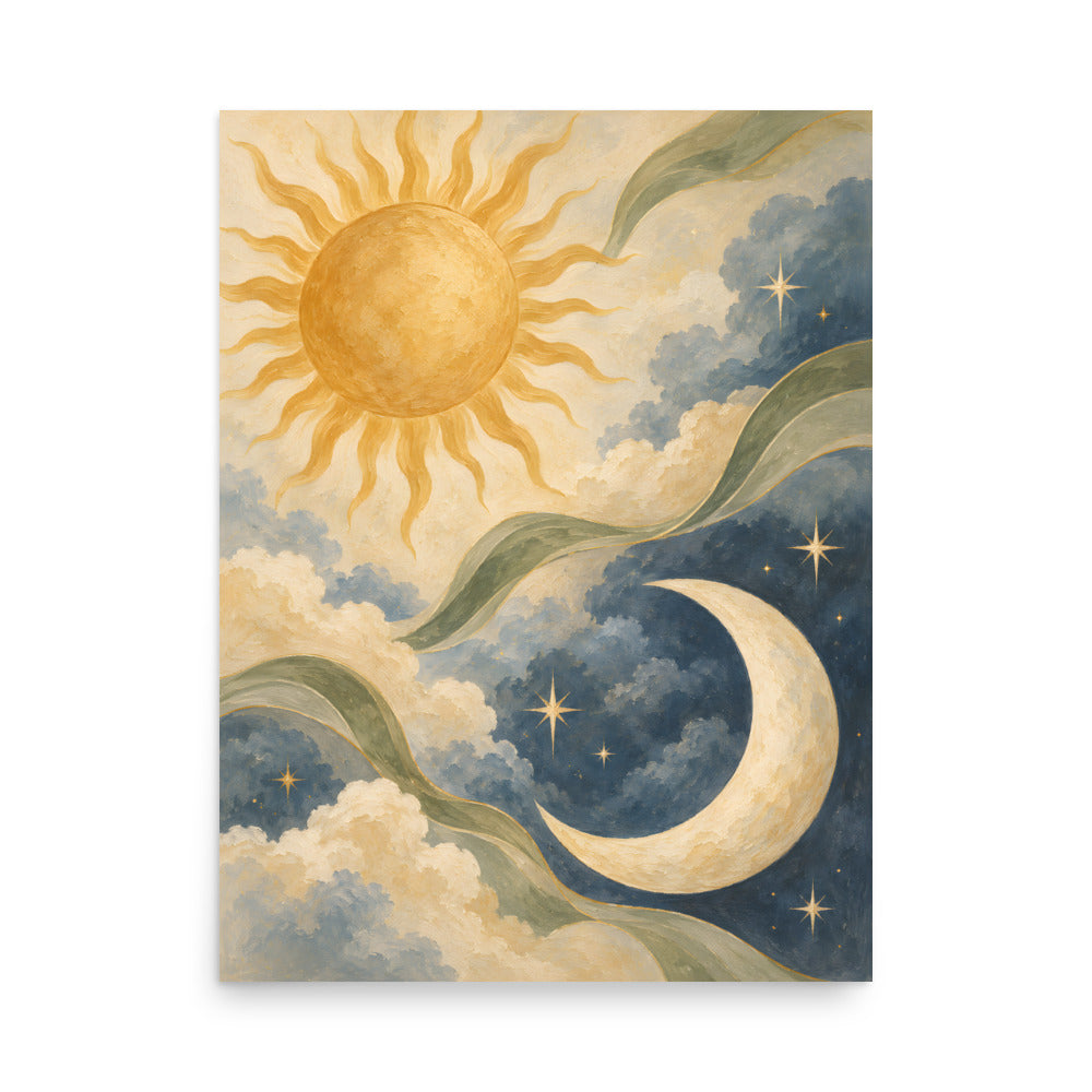 Sun and Crescent in Soft Tones matte poster, 18 × 24 inches, featuring a golden sun and ivory crescent