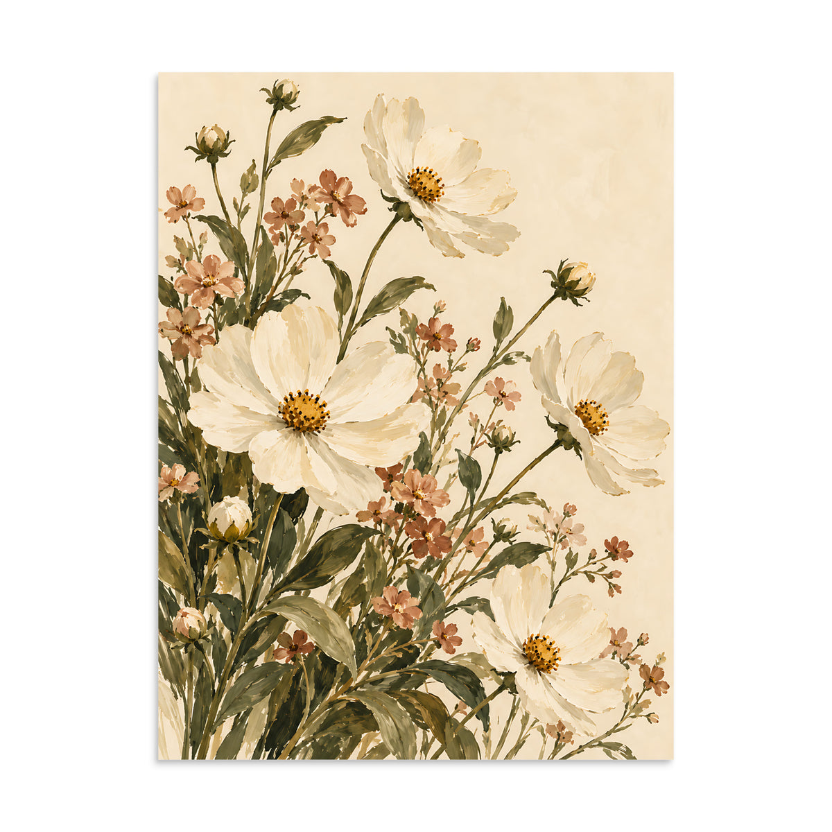Meadow Reverie matte poster, 24 × 32 inches, showing ivory flowers, clay accents and olive foliage