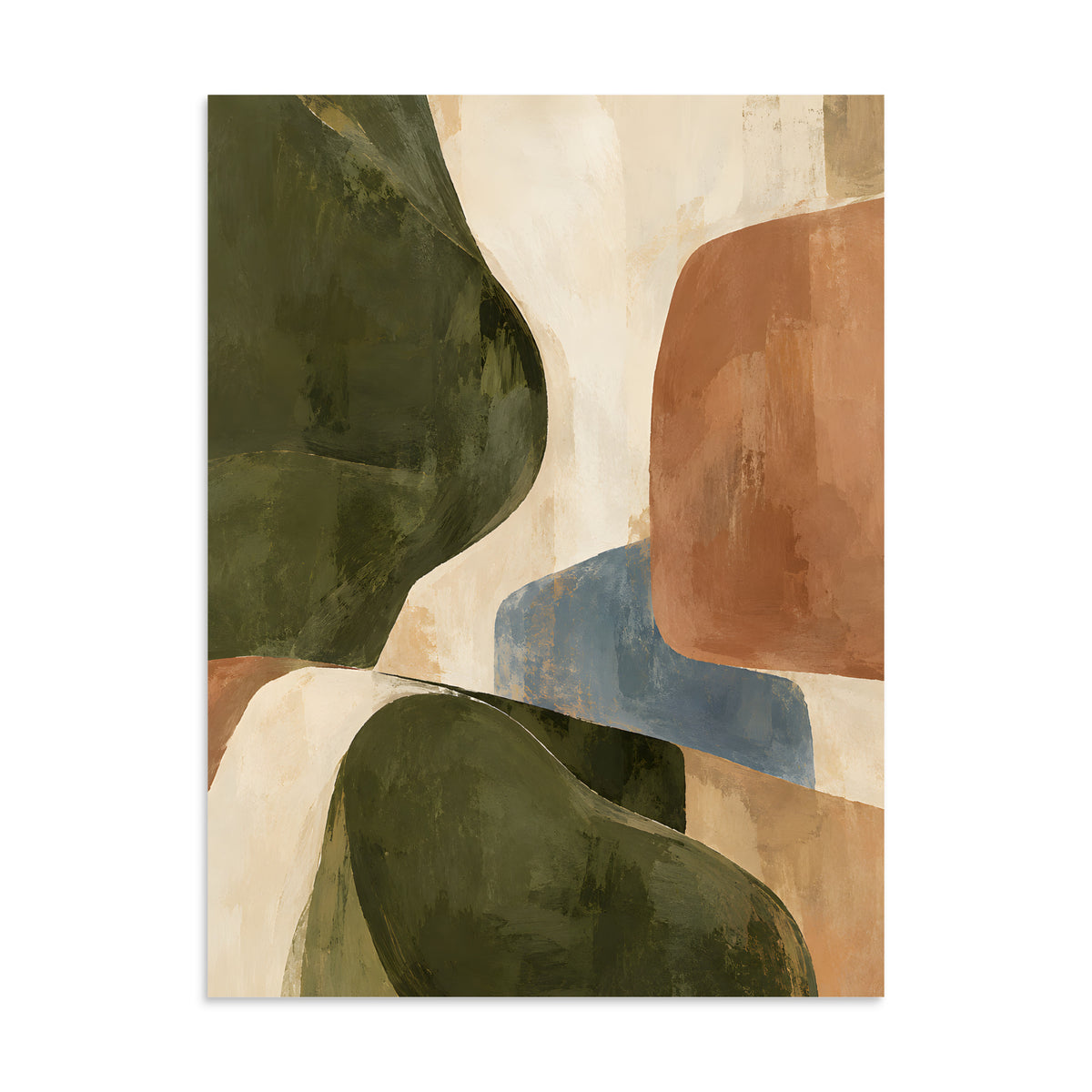 Olive & Earth matte poster, 24 × 32 inches, showing organic shapes in olive, ivory, clay and dusty blue