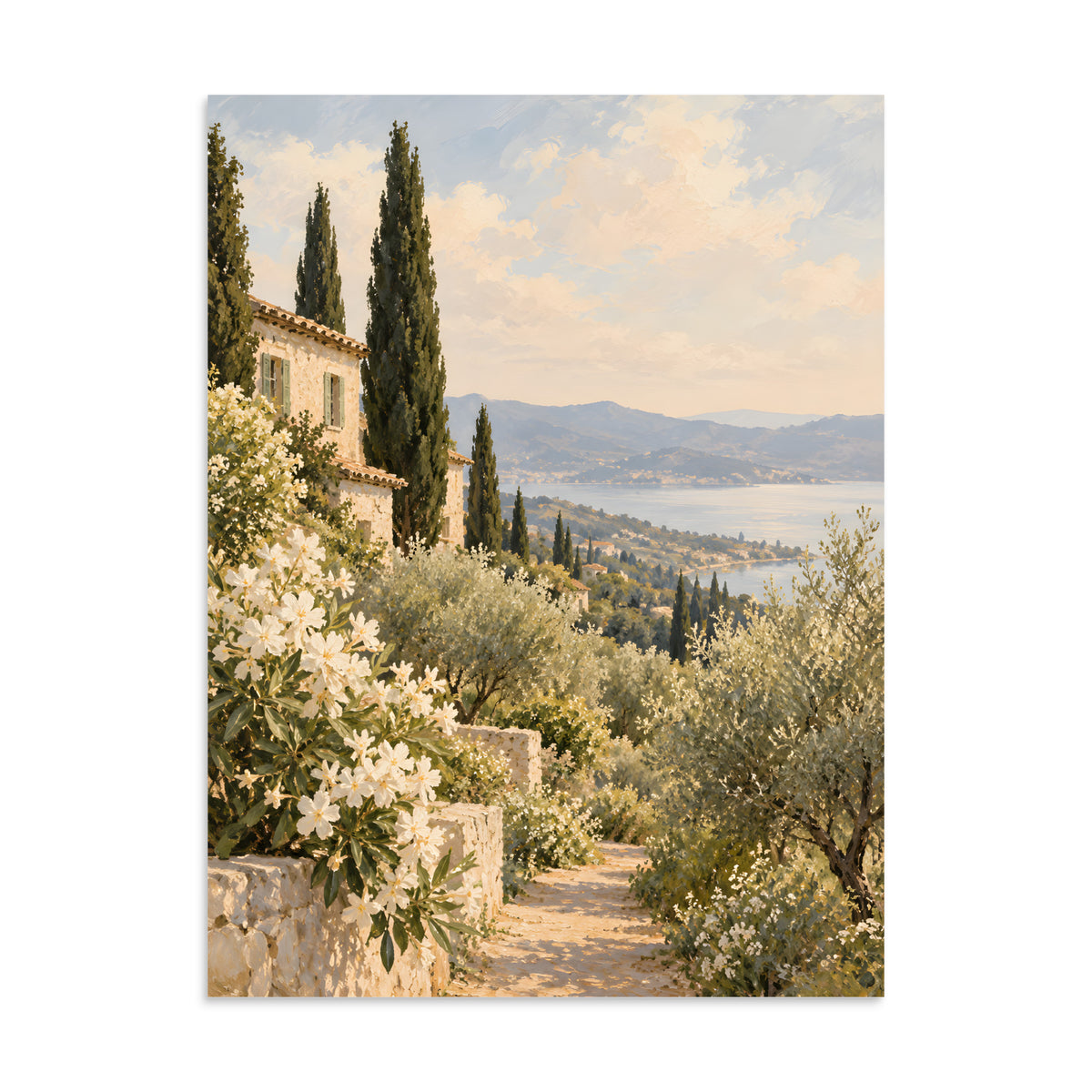 Golden Stillness matte poster, 24 × 32 inches, showing a Mediterranean villa, cypress trees and blue water