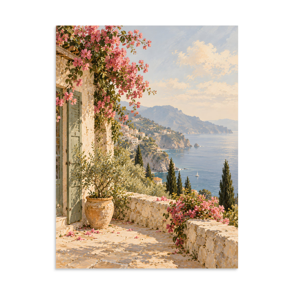Amalfi Bloom matte poster, 24 × 32 inches, showing a sunny terrace, bougainvillea and blue sea