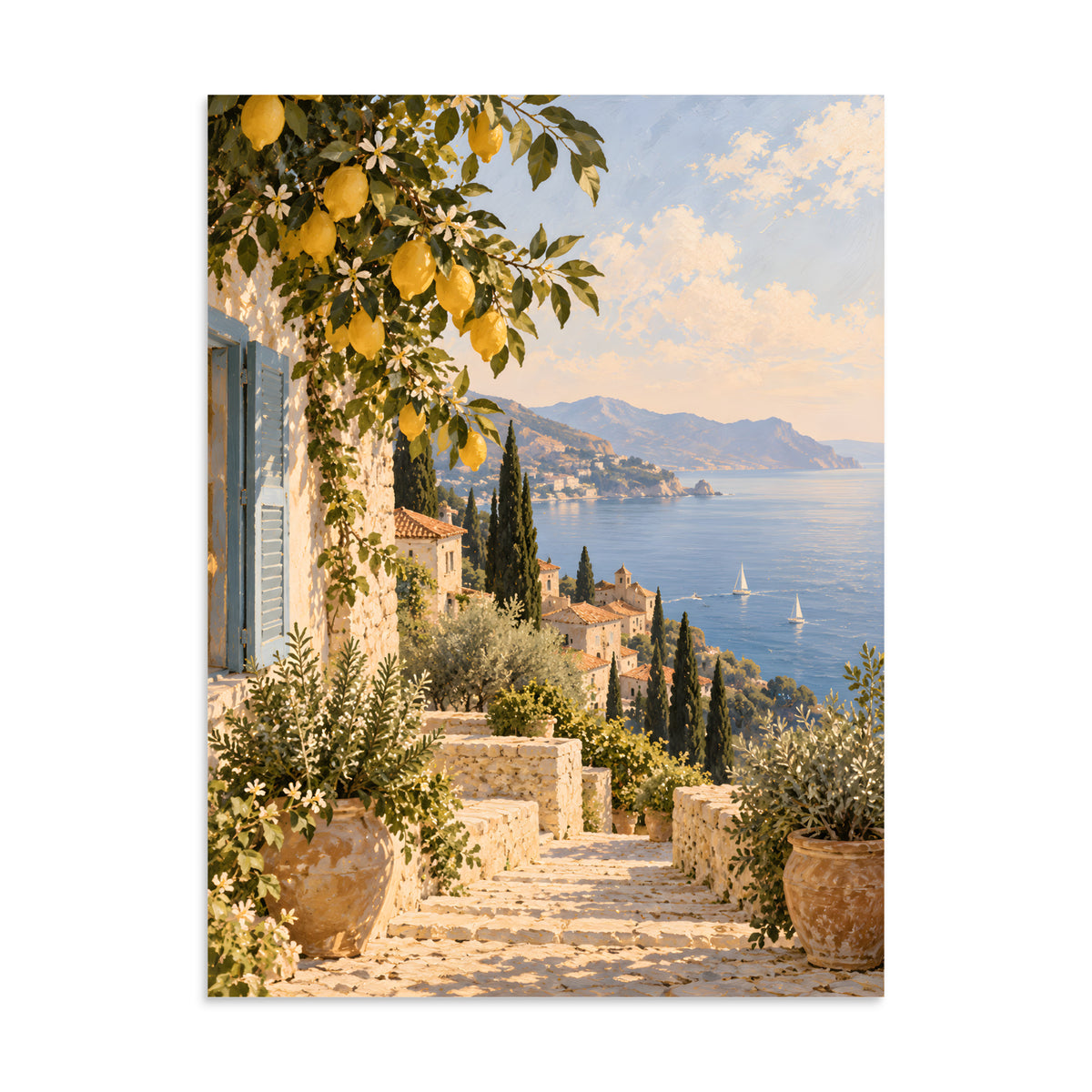 Lemon Coast matte poster, 24 × 32 inches, showing lemon branches, white walls and a calm blue sea