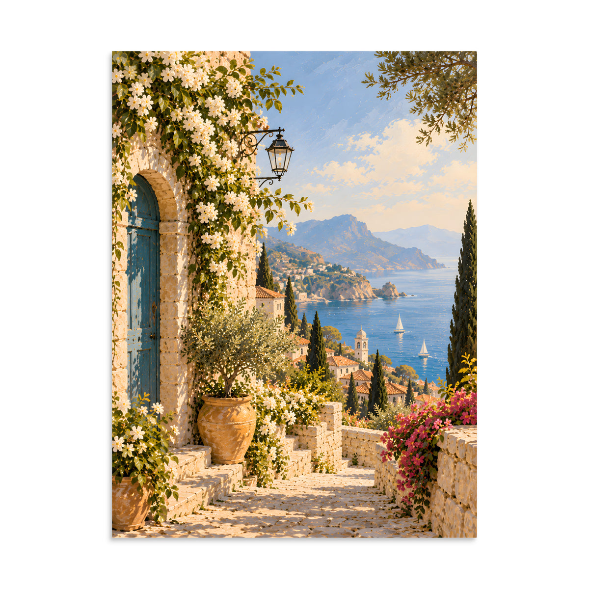 Azure Passage matte poster, 24 × 32 inches, showing a stone walkway, flowering vines and a blue-green door