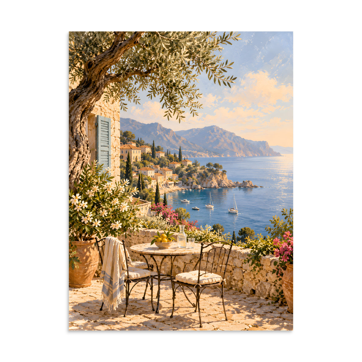 Olive Bay matte poster, 24 × 32 inches, showing an olive tree and stone terrace overlooking a blue bay