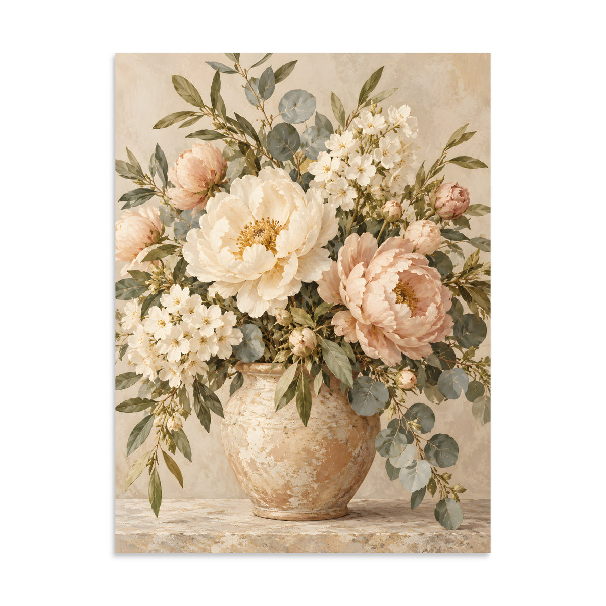 Ivory Garden matte poster, 24 × 32 inches, showing ivory and blush flowers in a ceramic vase