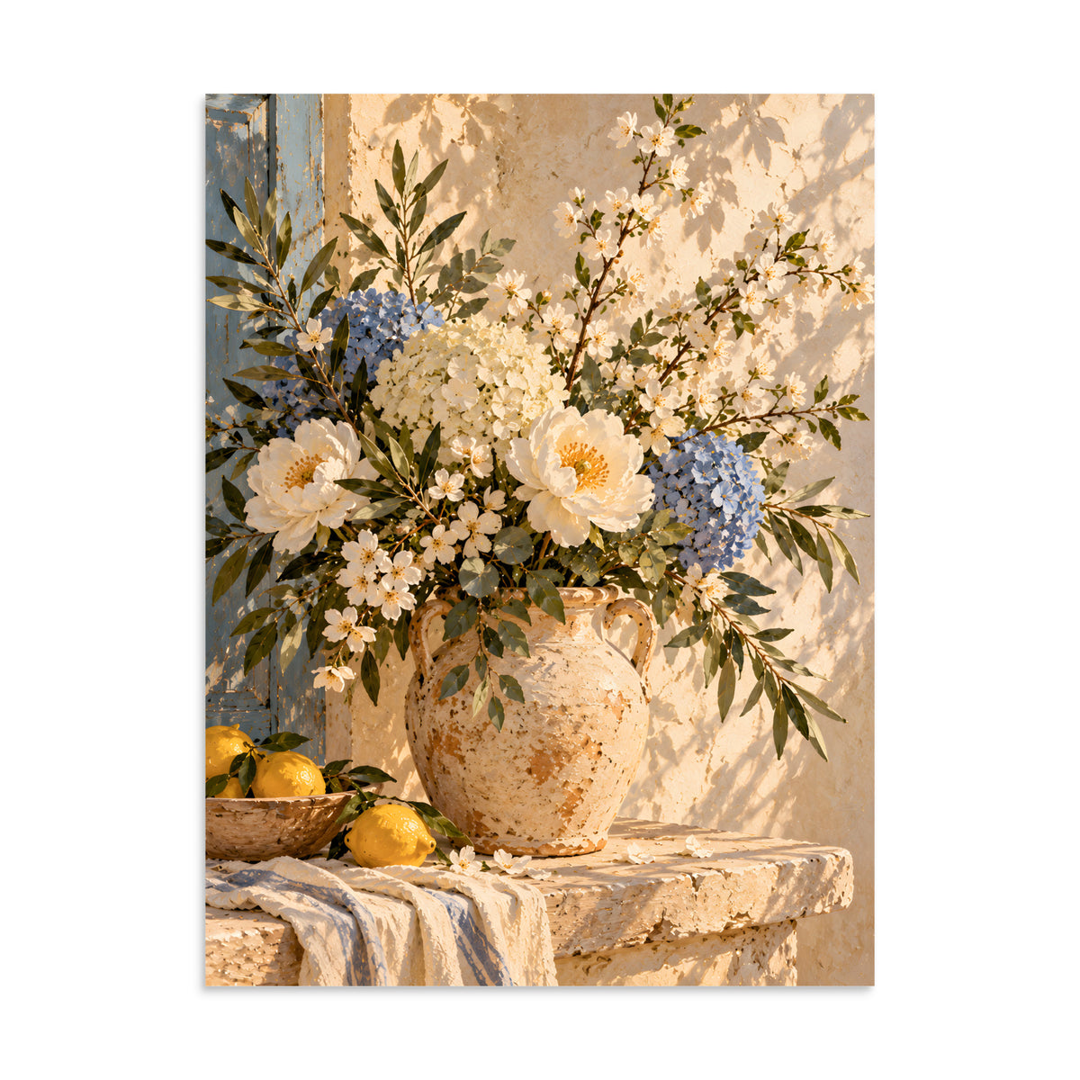 Blue Blossom matte poster, 24 × 32 inches, showing ivory blooms and muted blue hydrangeas