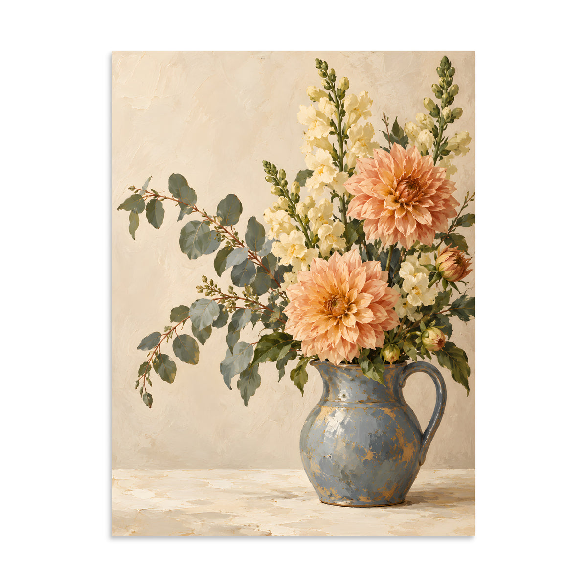 Apricot Reverie matte poster, 24 × 32 inches, showing apricot dahlias and ivory flowers in a blue pitcher