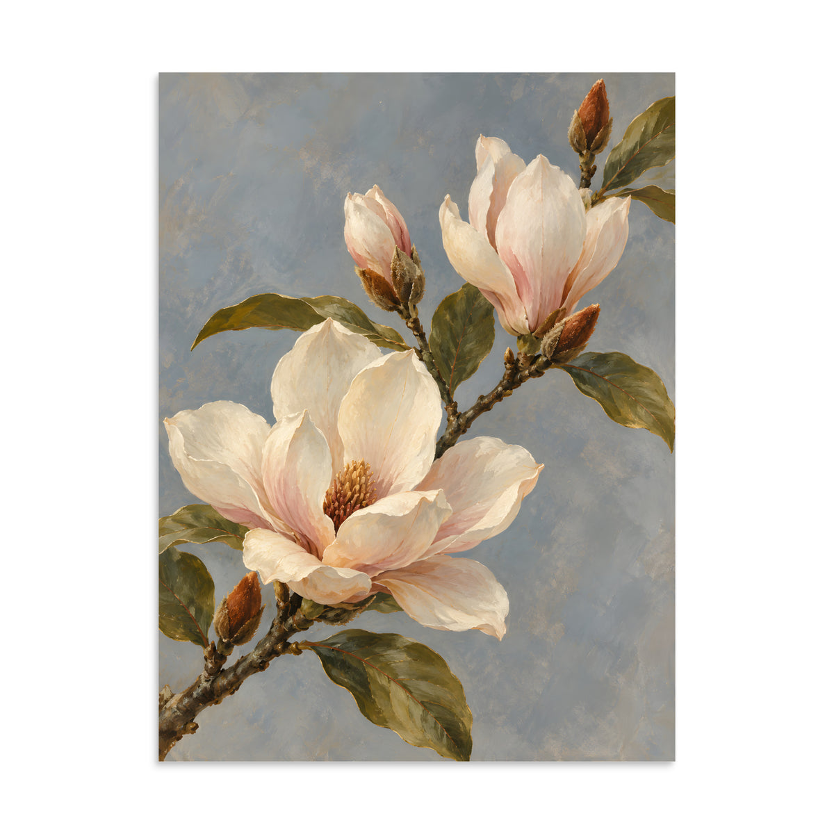 Magnolia Drift matte poster, 24 × 32 inches, showing ivory magnolia blossoms against dusty blue