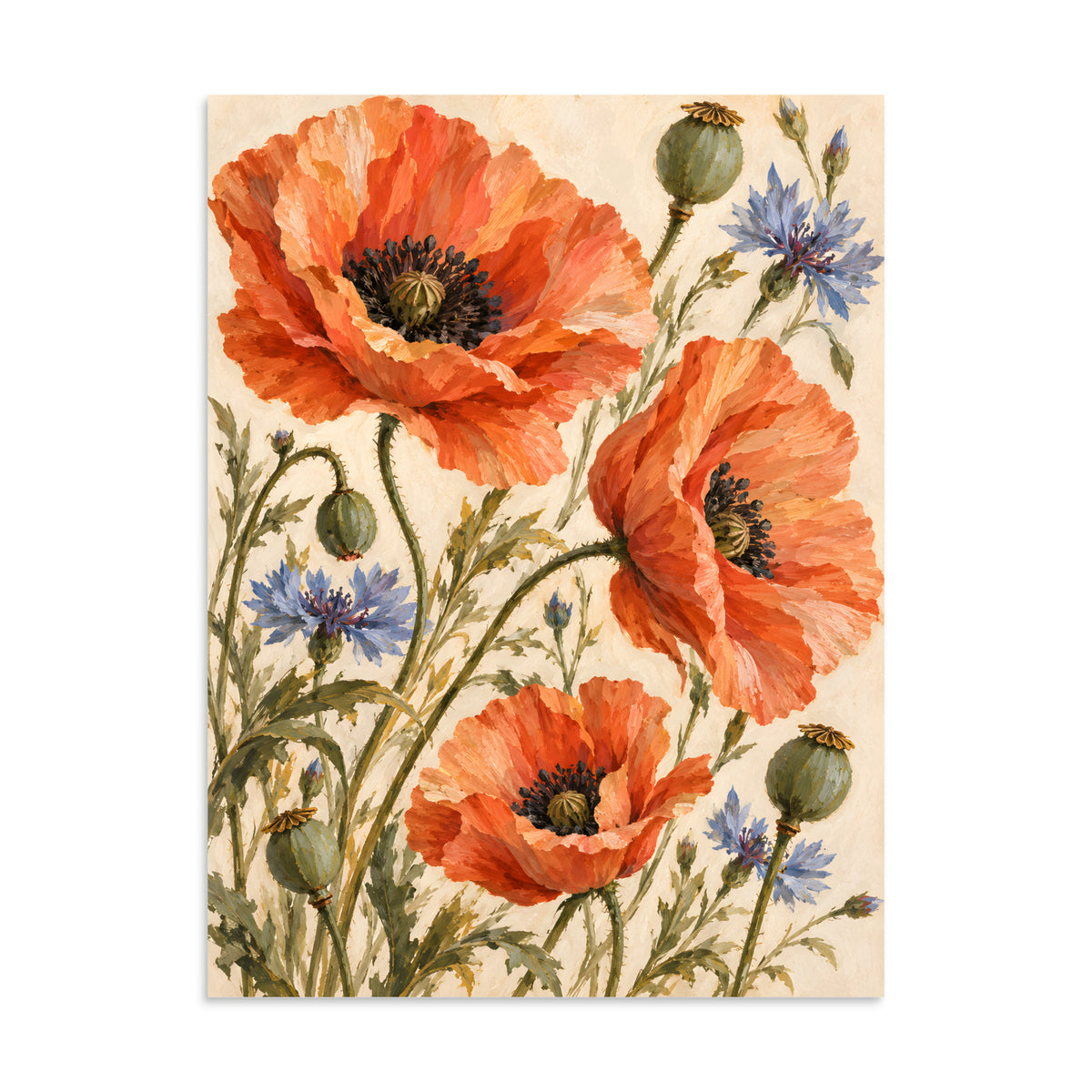 Terracotta Meadow matte poster, 24 × 32 inches, showing terracotta poppies and delicate blue cornflowers
