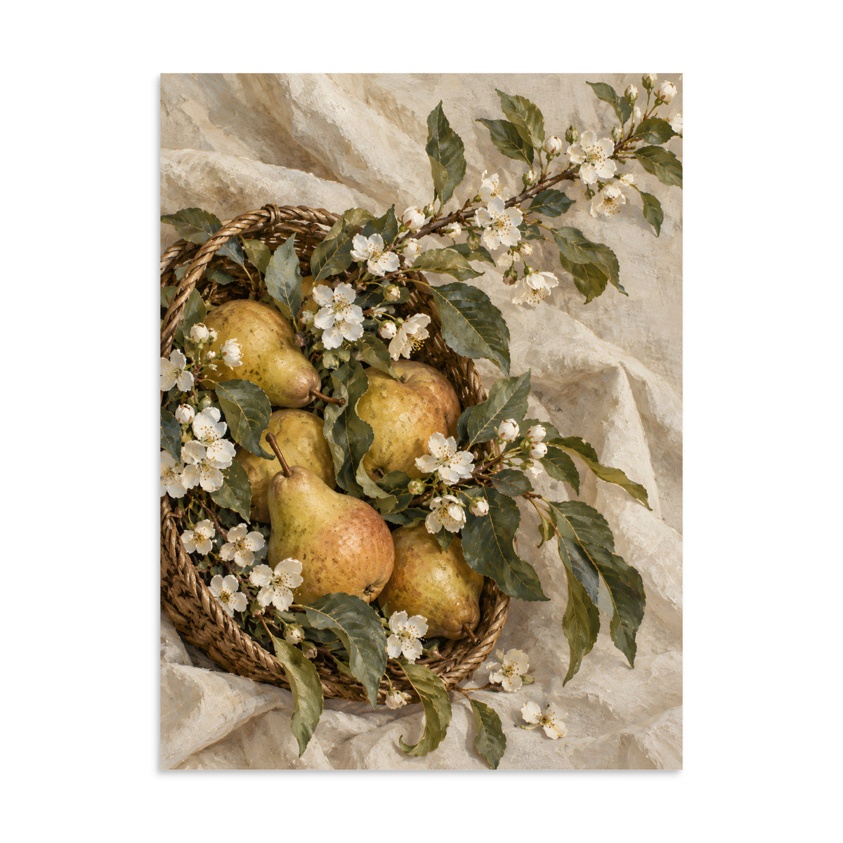 Golden Orchard matte poster, 24 × 32 inches, showing golden pears and white blossoms in a woven basket