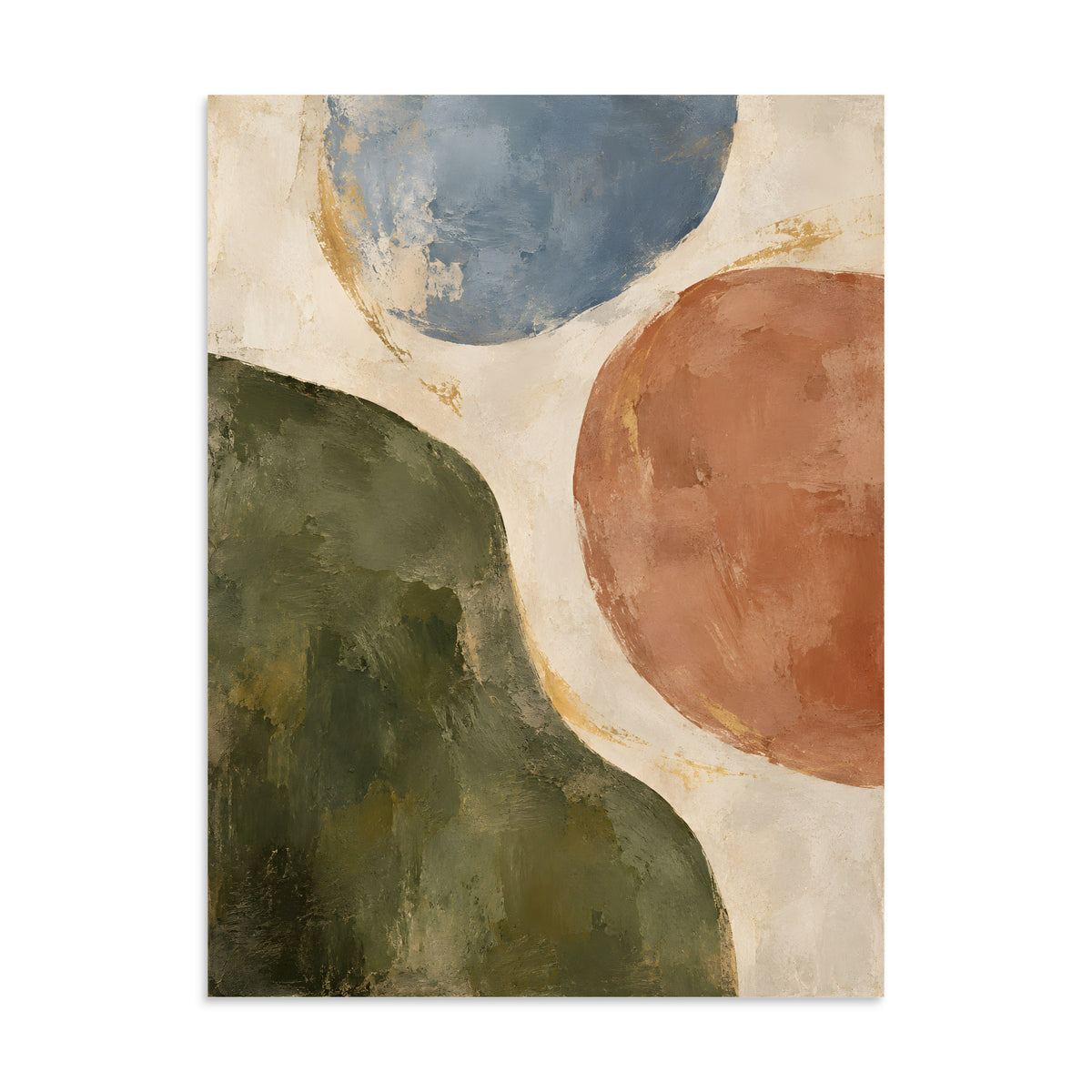 Earthen Balance matte poster, 24 × 32 inches, showing organic forms in olive, clay, blue and cream