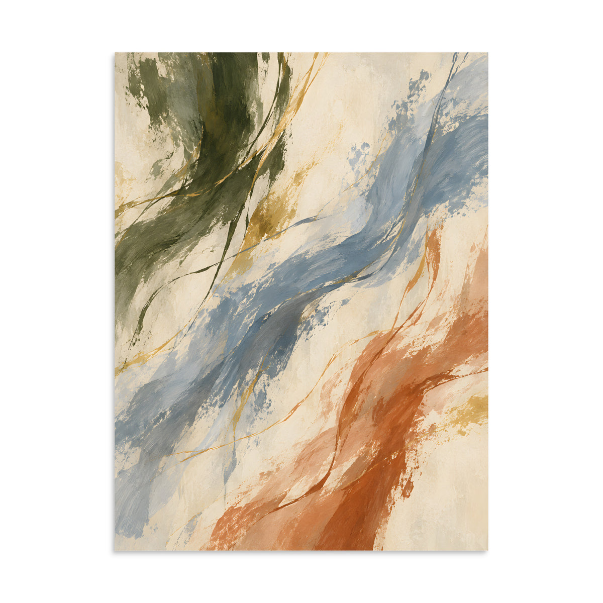 Quiet Current matte poster, 24 × 32 inches, showing flowing strokes in blue, olive, clay and ivory
