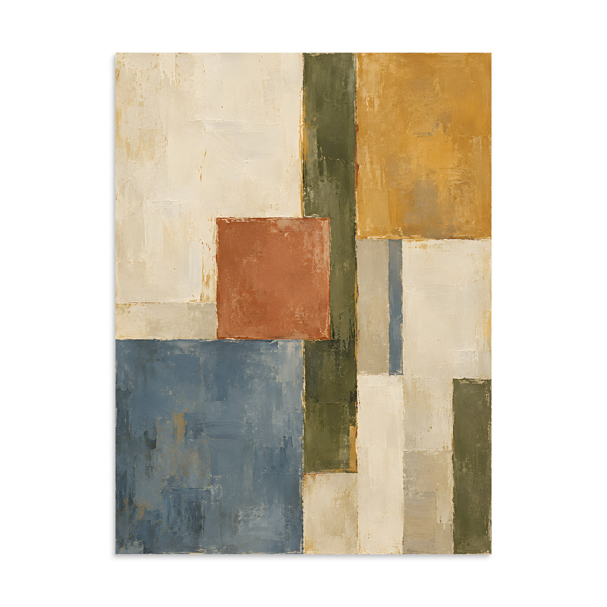 Structured Earth matte poster, 24 × 32 inches, showing geometric blocks in ochre, terracotta, olive and blue