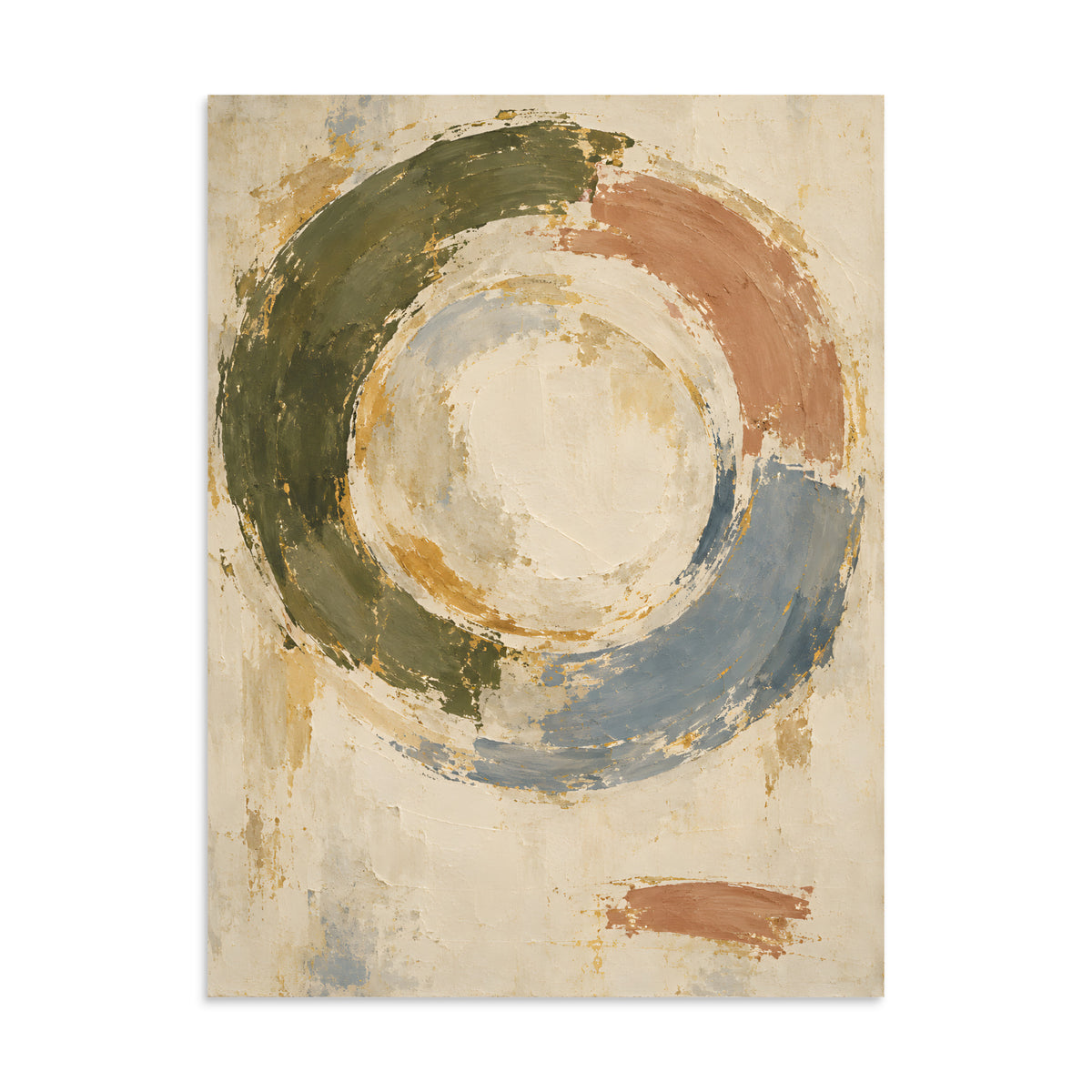 Quiet Orbit matte poster, 24 × 32 inches, showing layered circular forms in olive, blue, clay and ivory