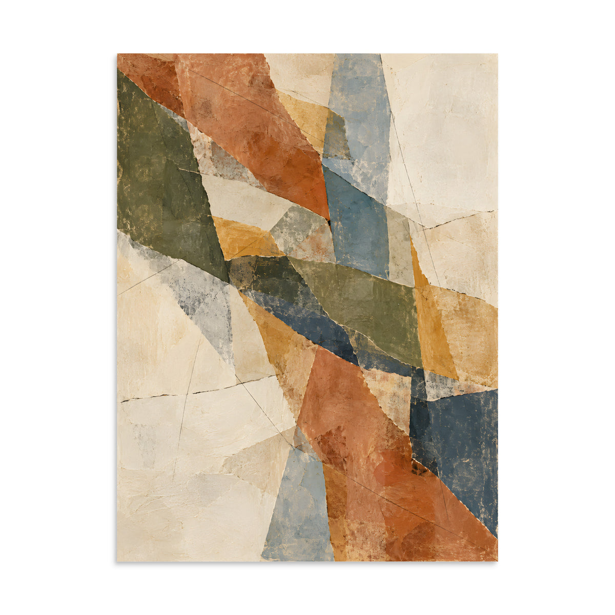 Fragmented Horizon matte poster, 24 × 32 inches, showing intersecting geometric forms in earthy muted colors
