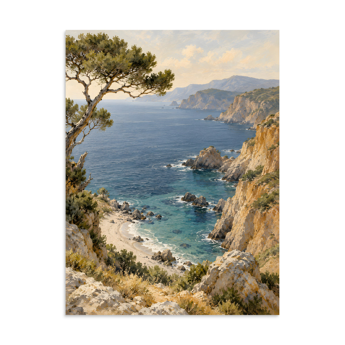 Cove of Pines matte poster, 24 × 32 inches, depicting a wind-bent pine above a turquoise Mediterranean cove.