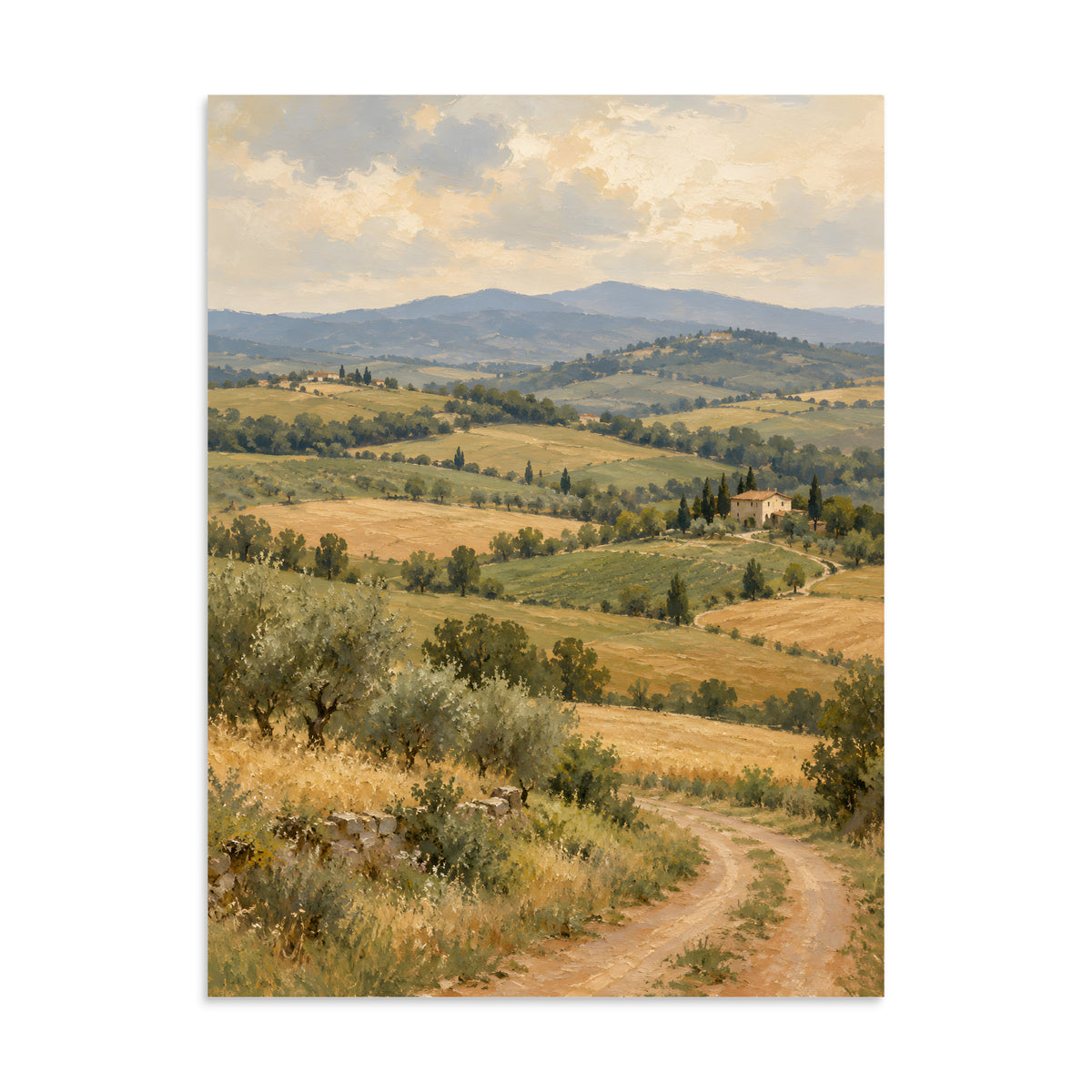 Tuscan Quiet matte poster, 24 × 32 inches, depicting rolling Tuscan fields, cypress trees and a distant farmhouse.