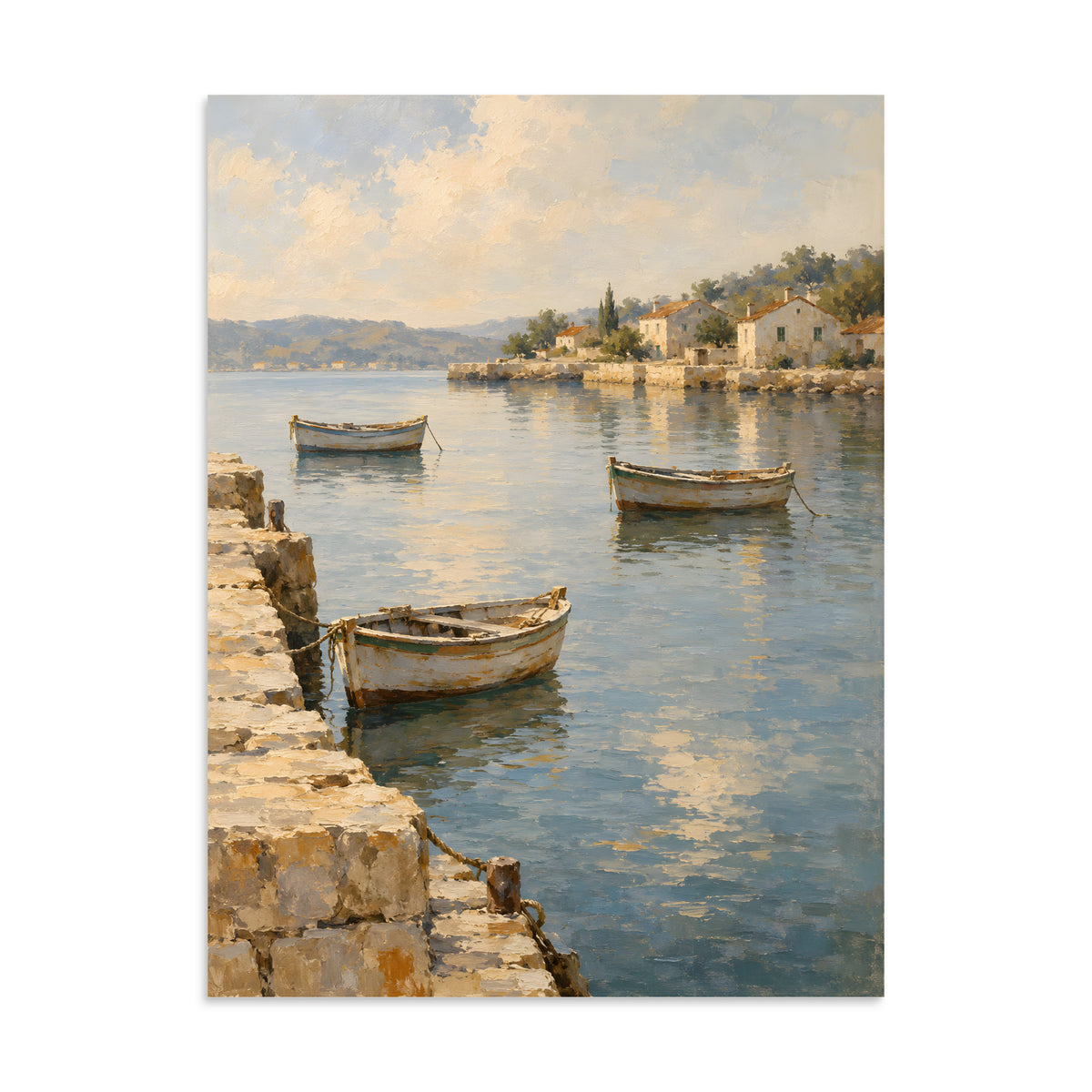 Harbor Stillness matte poster, 24 × 32 inches, depicting wooden boats on calm water beside a Mediterranean village.